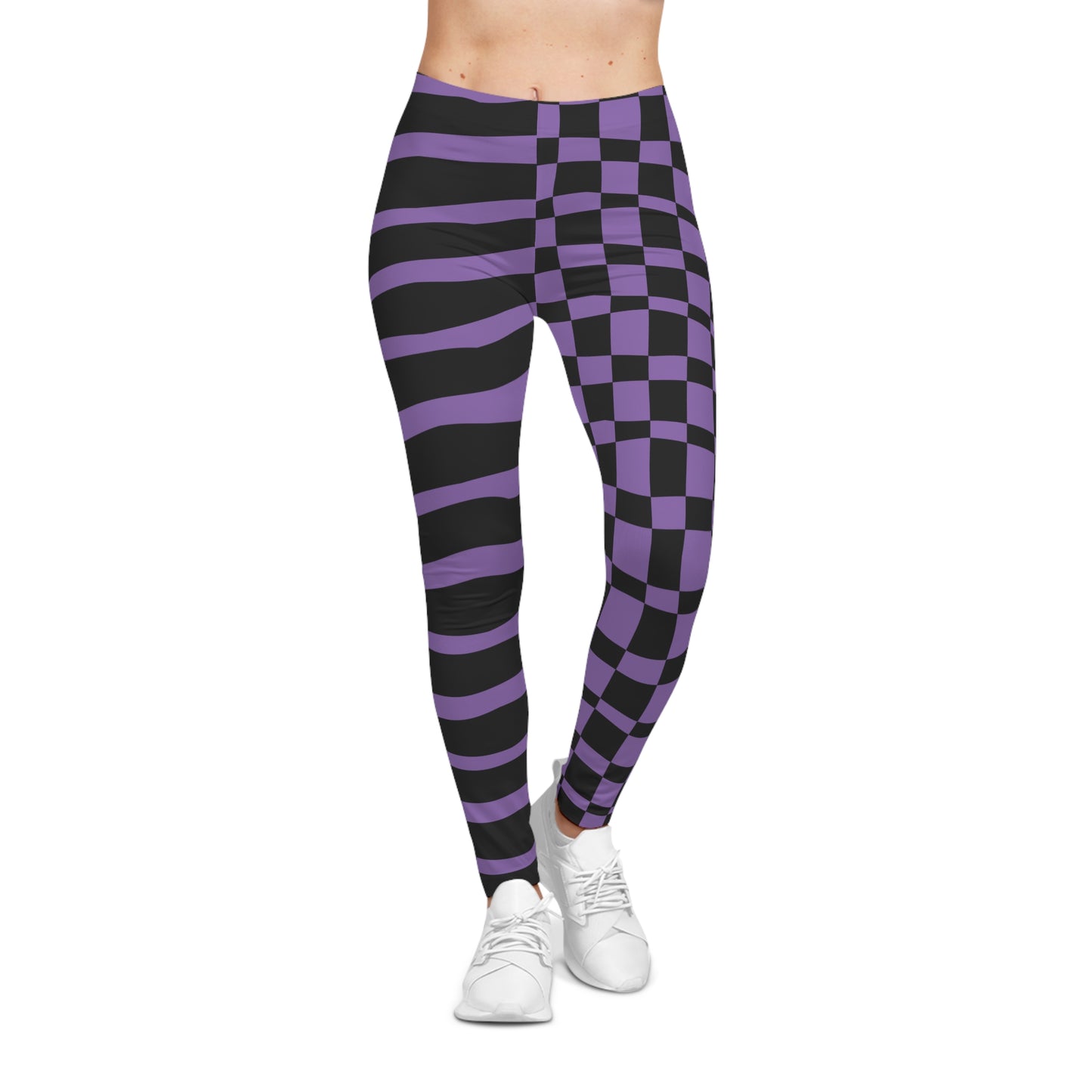 All-Over Print Leggings Striped & Checkered Split Black/Purple