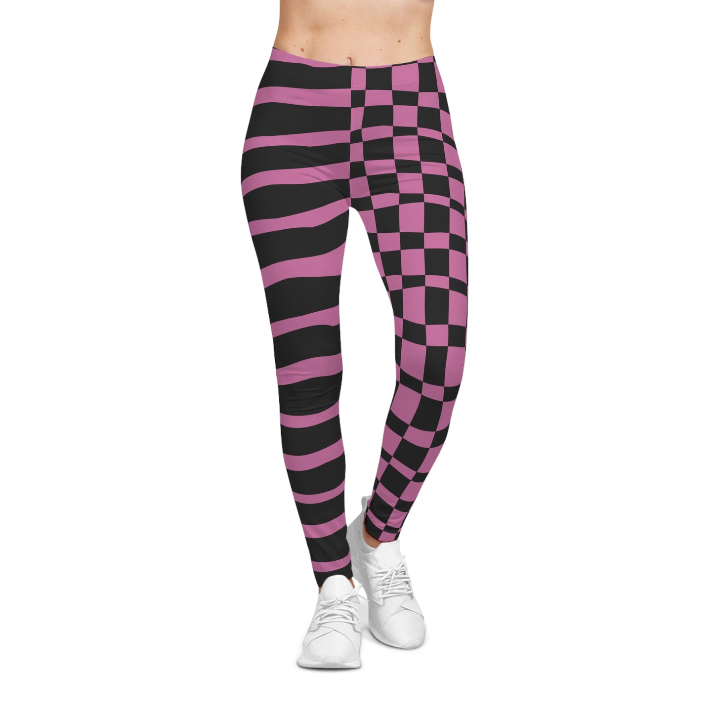 All-Over Print Leggings Striped & Checkered Split Black/Pink