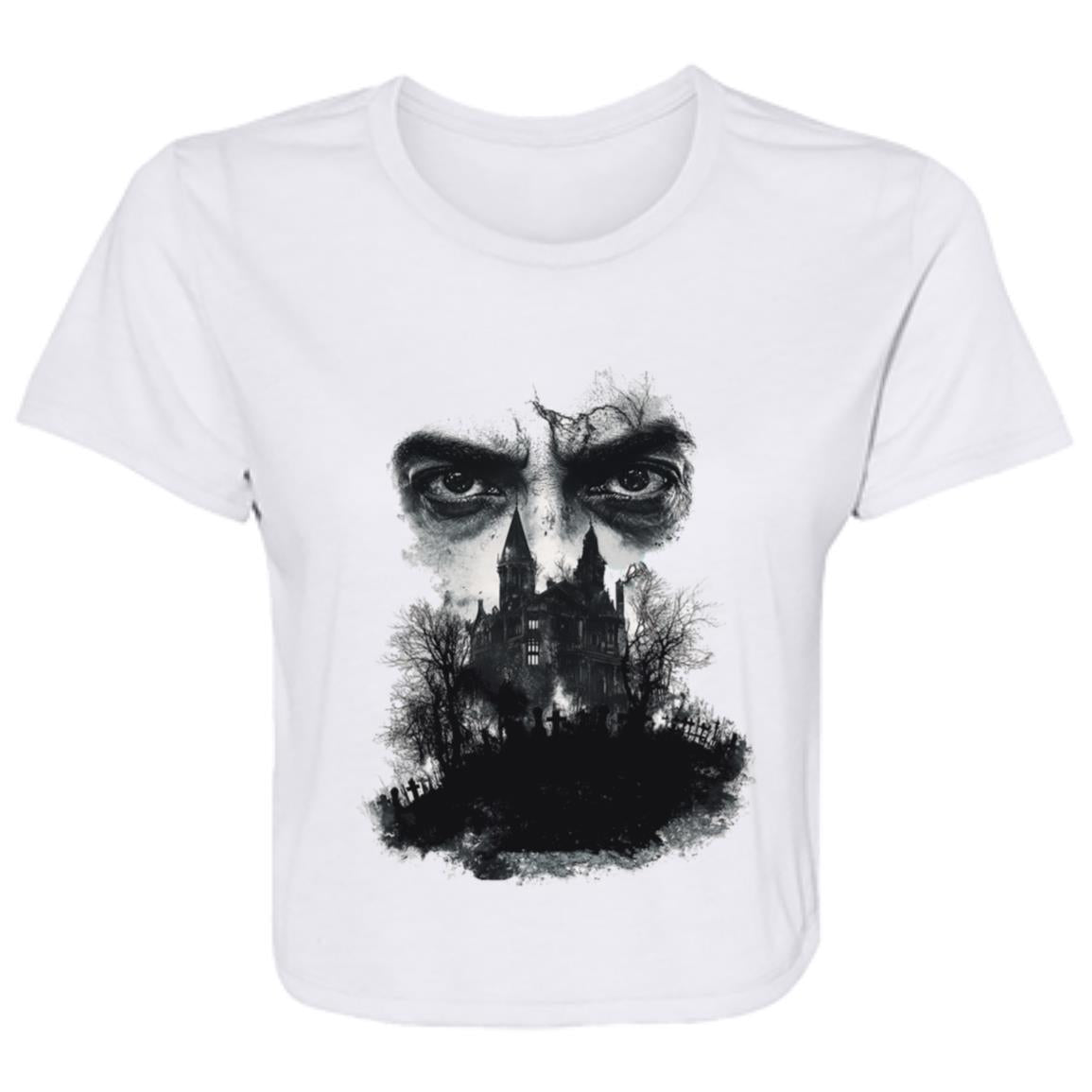 Flowy Cropped Tee Glaring Eyes Over Gothic Mansion
