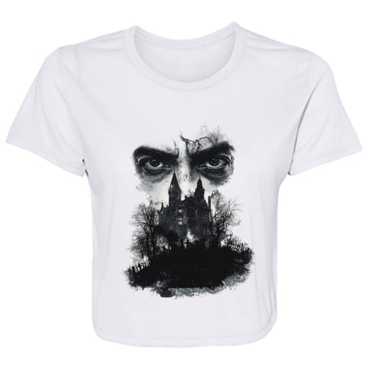 Flowy Cropped Tee Glaring Eyes Over Gothic Mansion