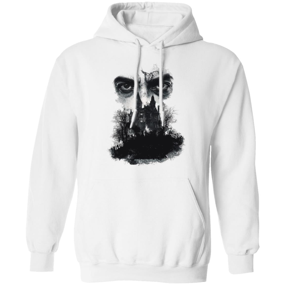 Pullover Hoodie Glaring Eyes Over Gothic Mansion