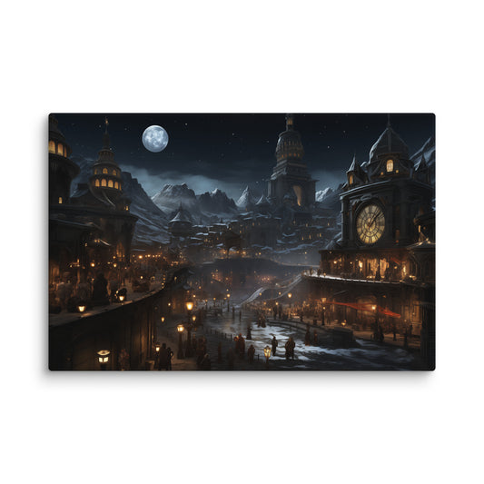 Canvas Moonlight Snowy Town