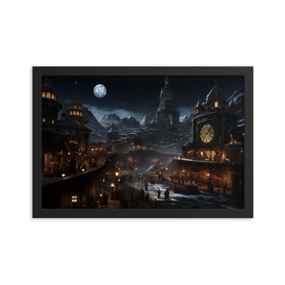 Framed Poster Moonlight Snowy Town