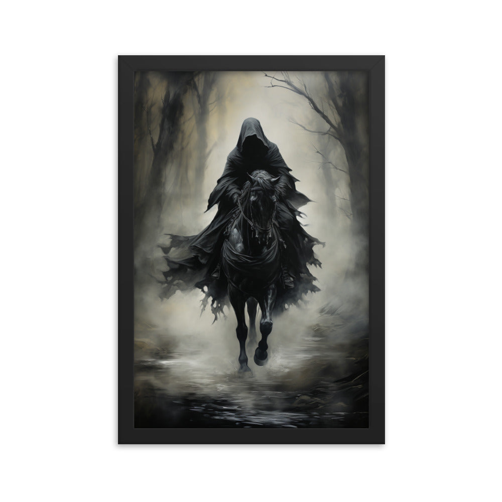 Framed Poster Hooded Horseman In Misty Forest