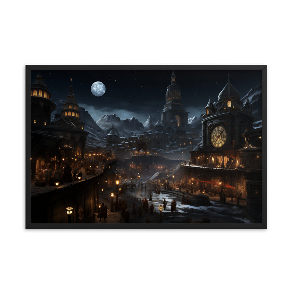 Framed Poster Moonlight Snowy Town